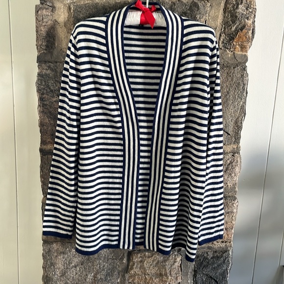 SIZE MP TALBOTS NAVY & WHITE STRIPED V-NECK CARDIGAN - Picture 2 of 4